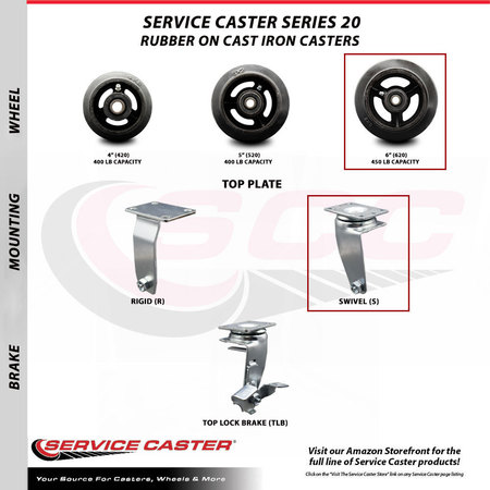 Service Caster 6 Inch Rubber on Cast Iron Caster Set with Roller Bearings 2 Swivel 2 Rigid SCC-20S620-RSR-2-R-2
